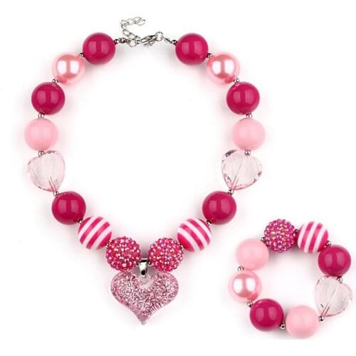 Customized Birthday Presents For Toddler Baby Girls Jewelry Sets Resin Pink Heart Pendant Chunky Bubblegum Necklace Bracelet Set