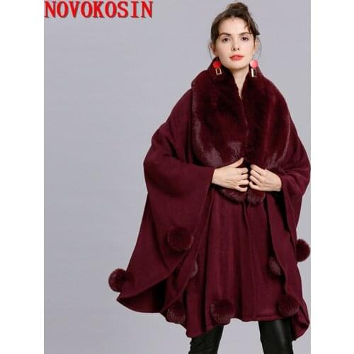 SC404 2019 Big Imitation Fox Fur Neck Cape With Fur Ball Fashion Solid Poncho Winter Big Pendulum Cloak Warm New Women Cardigan