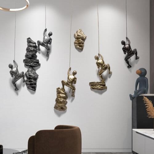 Nordic Wall Art Hanging Resin Climbing Man Mount Stone Pendant Industrial Iron Wire Decoration Sculpture Figures Statue Gift