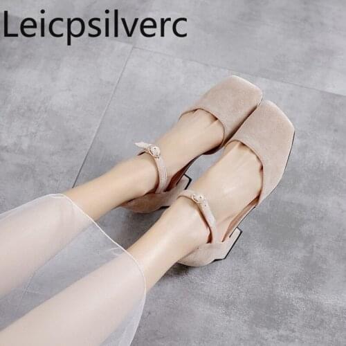 Pumps Spring and autumn new style Flock Square head Shallow mouth Buckle Thick heel mid heel Womens shoe plus size 31-43