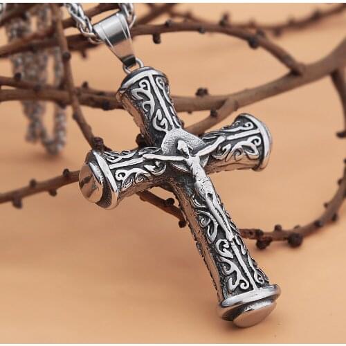 Vintage Mens Cross Pendant Stainless Steel Christian Jesus Necklace Pendant Fashion Punk Biker Jewelry Chain Gift Wholesale
