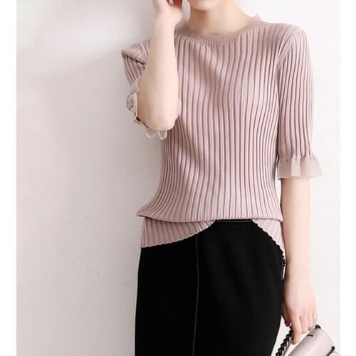 Japanese womens wear 2021 spring and summer round neck versatile top ol temperament commuter knitwear medium sleeve T-shirt