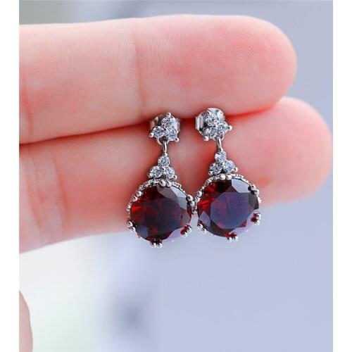 Elegant Female Big Round Red Zircon Earrings Fashion 925 Sterling Silver Drop Earrings Vintage Party Wedding Earrings For Women