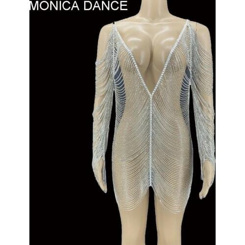 Women Sexy Stage Rhinestone Chain Short Dress Birthday Celebrate Party Dress Club Dance Costume Hollow Outfit Singer Dancer Wear