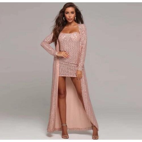 2021 New Women Pink Sequin Two Pieces Sexy Fashion Dress Long Sleeve Celebrity Party Vestidos Club Good Quality Wholesale