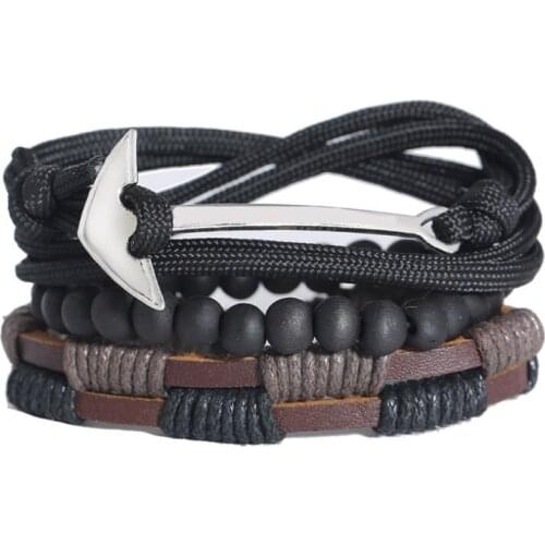 3pc Punk Fashion Arrow Men Women Black Leather Bracelet Multi-layer Beads Charm Bangle Adjustable Wrap Wristbands Hiphop Jewelry