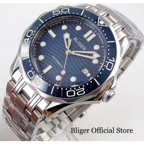 BLIGER Brand Sapphire Glass Automatic Movement Mental Band Black/Blue/Grey Dial Rotating Bezel Dtae Window