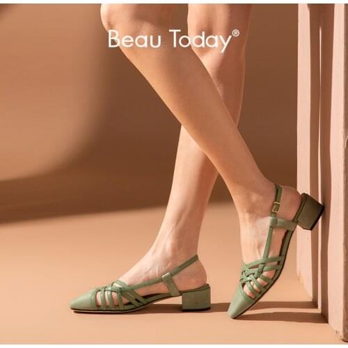 BeauToday Leather Sandals Women Cow Suede Weaving Narrow Band Shoes Cover Toe Slingback Summer Lady Mid Heel Shoes 31121