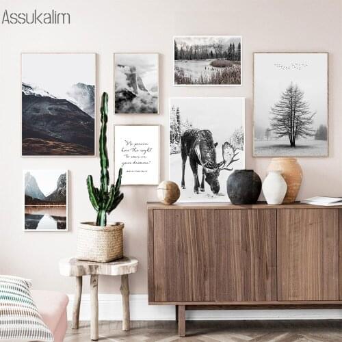 Elk Canvas Painting Mountain Wall Art Print Winter Landscape Poster Snow Art Picture Nordic Posters And Prints Living Room Decor