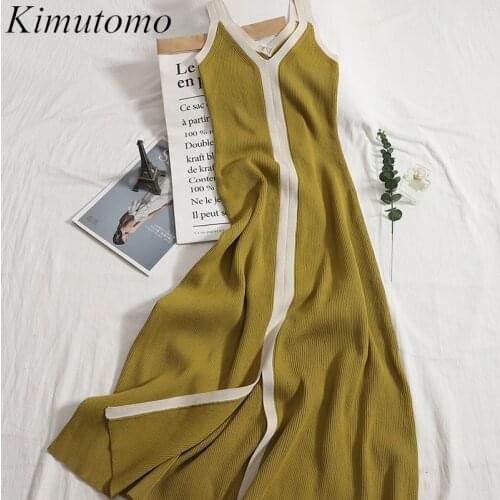 Kimutomo Early Autumn Women Dress Women Contrast Color V-neck Sleeveless Split Knitted Sling Vestidos Knitwear Korea Chic