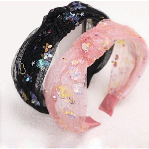 Korean Shinny Mesh Sequins Hairband Knotted Lace Hair Hoop Headdress Ladies Girs Hair Accessories Clear Headband with Teeth