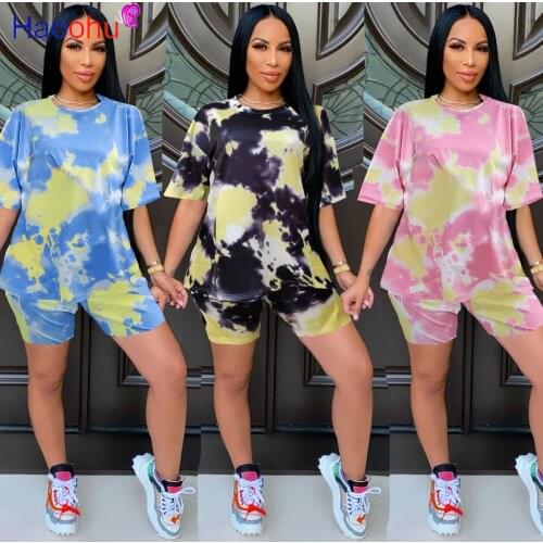 Tie Dye Print Casual Two Piece Set Tracksuit Sport Suits for Women Short Sleeve Loose T-shirt and Biker Short Feminine Clothing