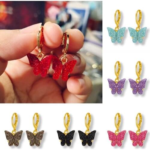 Colorful Shining Glitter Acrylic Butterfly Pendant Drop Earring With Micro Paved Animal Sweet Earring For Women Fashion Jewelry