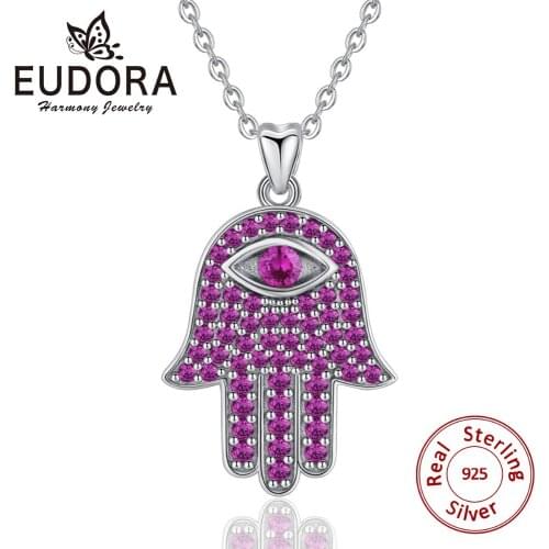 EUDORA 925 Sterling Silver Hamsa Hand Pendant Necklace Purple CZ Charm Fashion Jewelry for Women Girl Birthday Best Gift D389