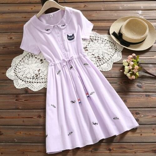 Summer women dress cute cat fish embroidered cotton shirt dress college girl casual belt tunic dress robe japanese-style