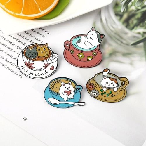 Cute Cartoon Alloy Paint Coffee Cat Coffee Cup Brooch Enamel Pin Sweet And Romantic Little Fairy Must-have Daily Accessories