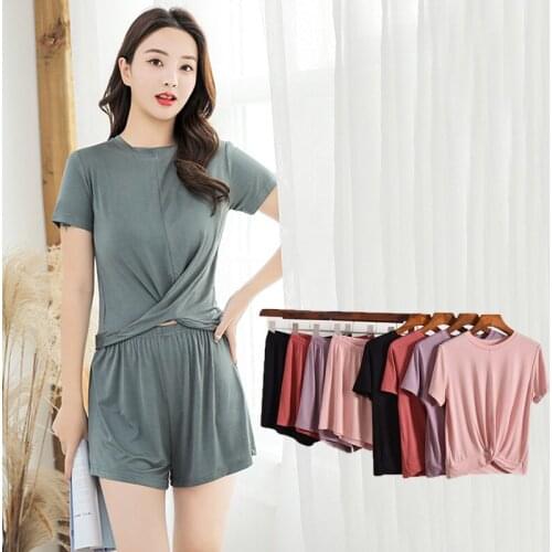 Modal Thin Pajamas Female Short-Sleeved Shorts Shirt Round Neck Suit Loose Large Size Spring And Summer Home Service Nighties
