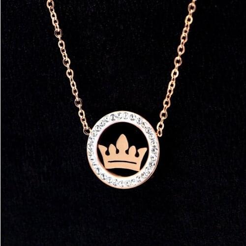 Fashion Rose Gold Color Love Crystal Round Circle Crown Pendant Necklace Stainless Steel Women Girl Party Gift