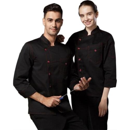 Men Women 3/4 Sleeve Faux Denim Chef Jacket Single Breasted Bakery Restaurant Uniform Workwear Food Service Coat with Pockets