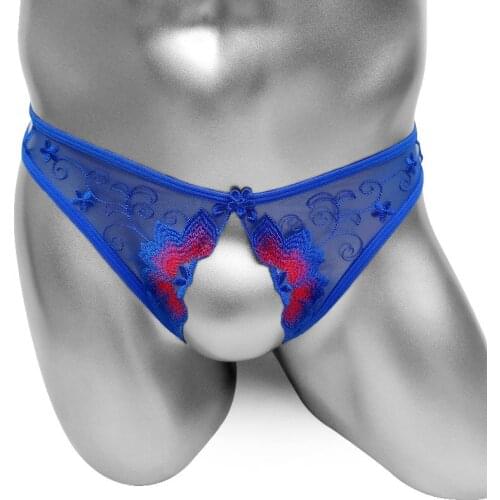 Mens Open Crotch Thong Underwear With Embroidery Floral Fashion Mesh See Through Sissy Panties Gay Sexy Lingerie CD Panties