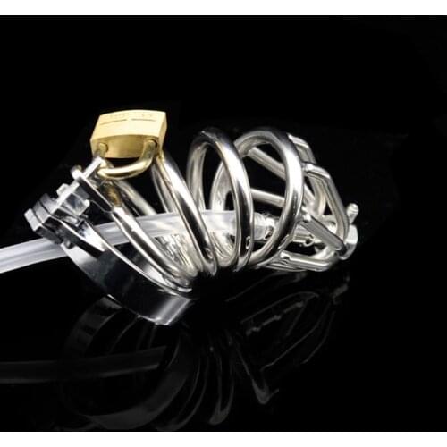 Stainless Steel Urethral Catheters Male Bondage Ring Chastity Lock Cock Cage Device Adult Game Product Sex Toy