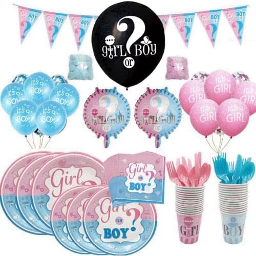 Baby Gender Reveal Girl or Boy Disposable Tableware Set Banner Flag Balloon Baby Shower Party Decor Favor