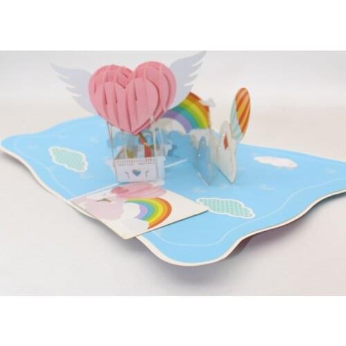 3D Handmade Cartoon rainbow Heart Hot Air Balloon Paper Invitation Greeting Card PostCard Valentines Day Birthday Party Gift