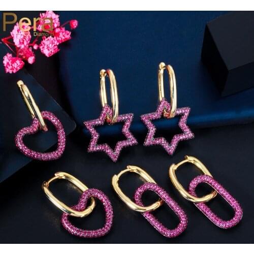 Pera Romantic Hot Pink Cubic Zirconia Love Heart and Star Shape Drop Dangle Earrings for Lovers Anniversary Jewelry Gift E720