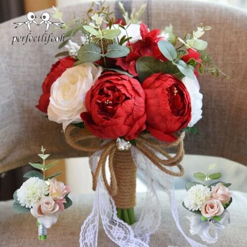 Perfectlifeoh European Style Artificial Flowers Wedding Bouquets for Bride Crystal Peony Lace Brooch Bouquet