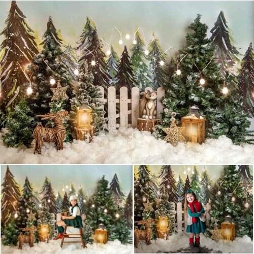 Christmas Backdrop Photography Forest Snow Elk Fence Photo Background Famliy Party Wallpaper Child Portrait Winter Photocall