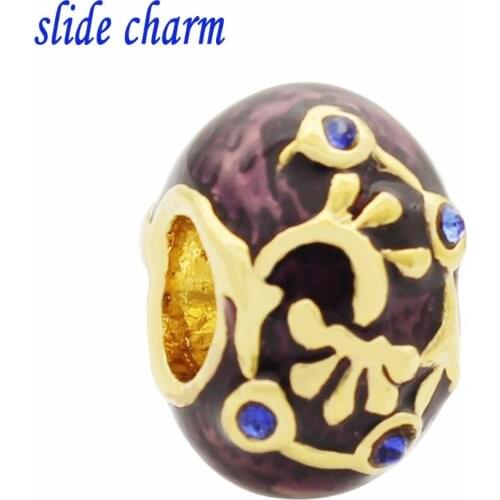 Slide charm Free shipping purple crystal blue enamel daisy pattern gilded egg charm beads fit Pandora bracelet