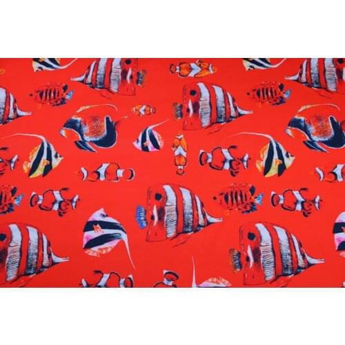 100X145cm Fashion Week Tropical Fish Red Cotton Poplin Fabric for Woman Girl Summer Dresses Skirt Shirts Sewing DIY