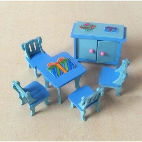 W006 New children gift kids wooden toy Furniture doll house set DIY Educational Toys living room furniture blue color 1 set