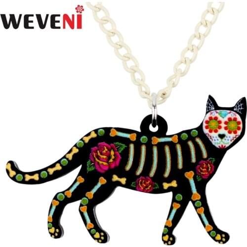 WEVENI Acrylic Halloween Floral Walking Cat Necklace Pendant Collar Trendy Fashion Bijoux Jewelry For Women Girls Collier Gifts
