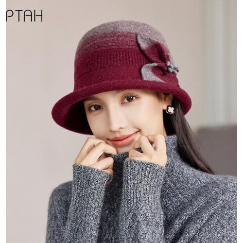 [PTAH] 2021 New Womens Casual Tweed Hat Autumn Fedoras Girl French Artist Warm Wool Winter Beanie Hat Cap Vintage Elegant Lady