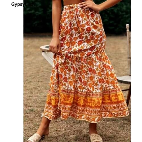 GypsyLady Floral Print Women Skirt Vintage Boho Spring Summer Sexy Casual Holiday Skirt Rayon Elastic Waist Beach Chic Skirts