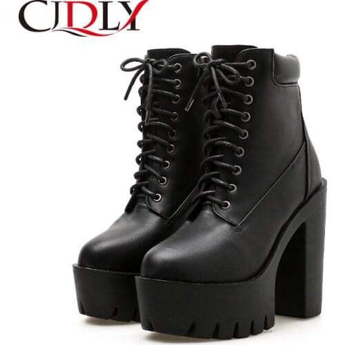 CJDLY New Fashion Motorcycle Boots Women Leather winter Metal Buckle High Heels Shoes Zipper Black Ankle Boots Woman Lacing 2020
