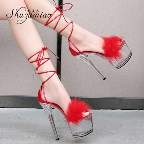 Shuzumiao Womens Sandals 2021 Summer Fashion Ankle Cross Strap Fur High Heels Clear Waterproof Platform Female Steel Tube Dance