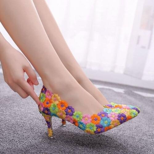 Female Pumps Shallow Mouth Women Shoes Colorful Lace Pointed Toe Thin Heels 7CM Wonen Pumps Fashion Office Shoes