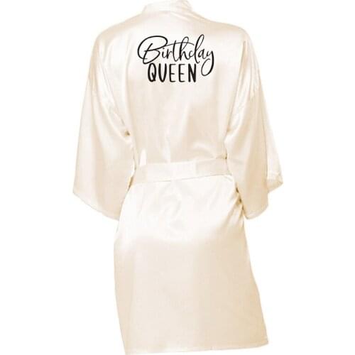 Birthday Queen & Squad Letter Print Women Silk Satin Robe Dressing Gowns Kimono Robe Bathrobe