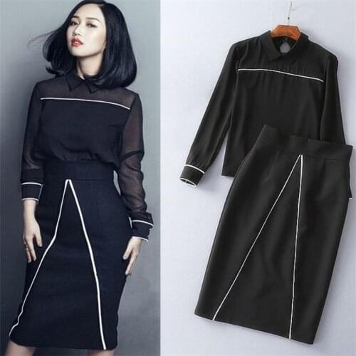 2018 Fashion Sexy Runway shirt Skirt Suit Womens Long Sleeves Vintage Perspective shirt Blouse+A Line Half Skirt Two Piece Set