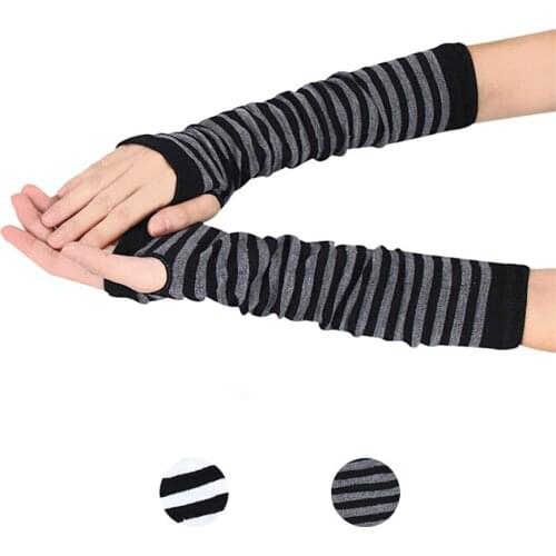 Winter Fashion Striped Women Sleeves Wrist Hand Cover Knitted Black White Long Fingerless Gloves Driving Cartoon Arm Warmers