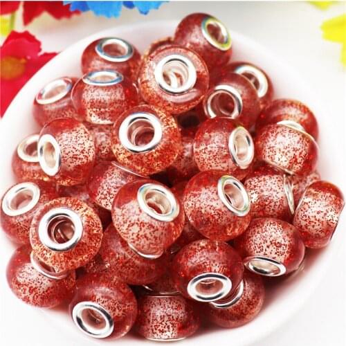 10Pcs Red Color Glitter Big Hole Resin Murano Spacer Beads Fit Pandora Bracelet Snake Chain DIY Jewelry Hair Beads Making Craft