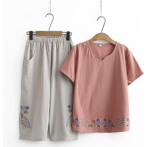 2021 Summer Retro Loose Large Size V-neck Short Sleeves Embroidery Cotton Fashion Casual Suit Martial Arts Suit