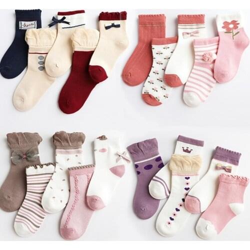 5 Pairs Lot Kids Short Cotton Socks Autumn Winter Children Girls Cute Colorful Princess Bow Lace Ruffle Socks Baby Accessories