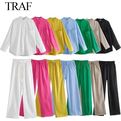 TRAF Za Women Shirt Oversized Long Blouses Long Sleeve Female Casual Loose Tops Pocket Blouses High Waist Elasticated Trousers
