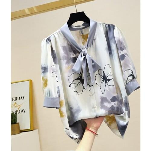Ink Painting Shirts Women Vintage Half Puff Sleeve Tops Mujer 2021 Loose Plus Size Shirt Chiffon Hit Color Bow Button Up Shirt