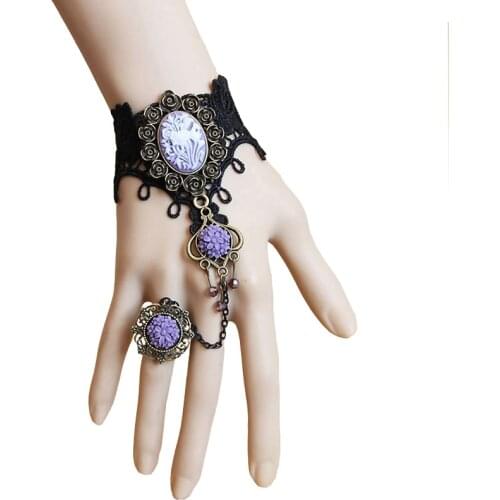 Handmade Purple Flower Rose Resin Black Lace Bracelet & Adjustable Ring Slave Set Wristband Lolita Gothic Vintage Accessories