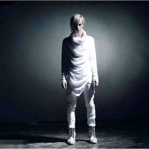 Trendy Korean long sleeve t-shirt mens slim and handsome pile pleated long top thin spring and autumn oversize hooded irregular