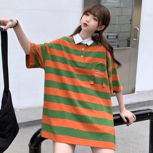 Harajuku Stitching Rainbow Stripes Polo T-Shirt Womens Dress College Unisex Couple Clothes Oversized Lgbt Womens Summer Tops